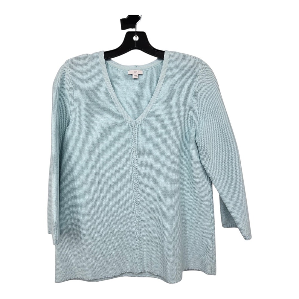 J Jill V-Neck Textured Sweater Women's MED Blue 3/4 Sleeve Cotton Blend Pastel